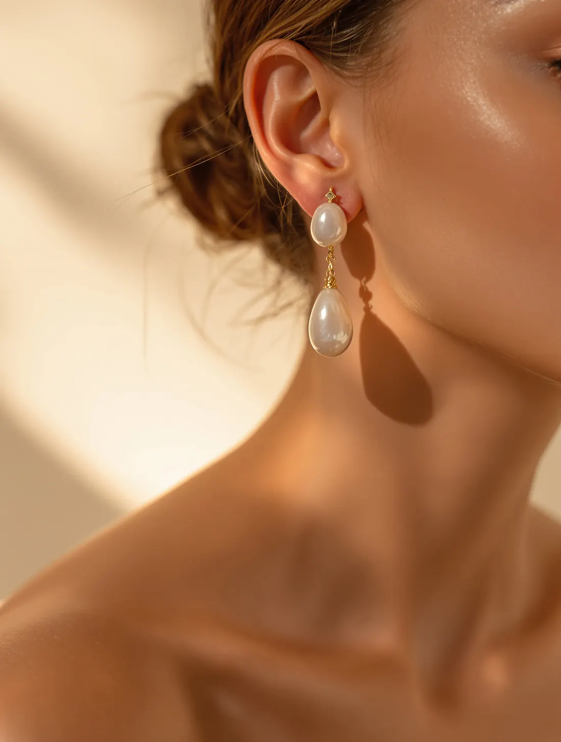 A baroque pearl earring and the curve of a neck in soft studio light.