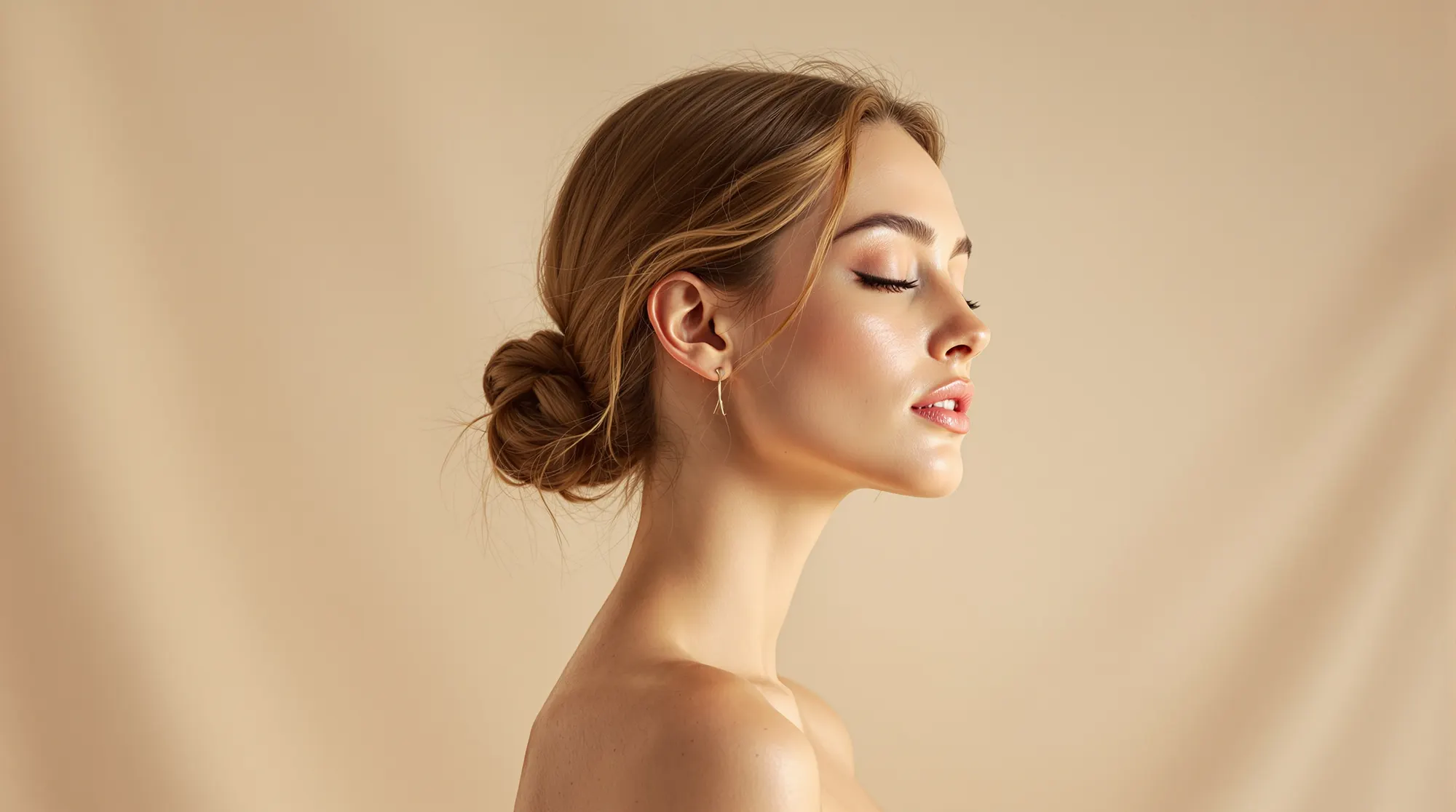 A woman in profile with her eyes closed, lit by a large softbox against a cream paper backdrop.