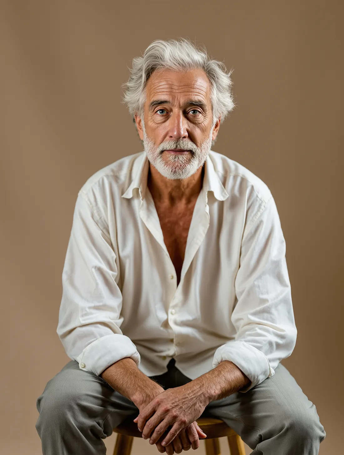 Silver-haired man in a white linen shirt seated on a stool, looking into the camera.