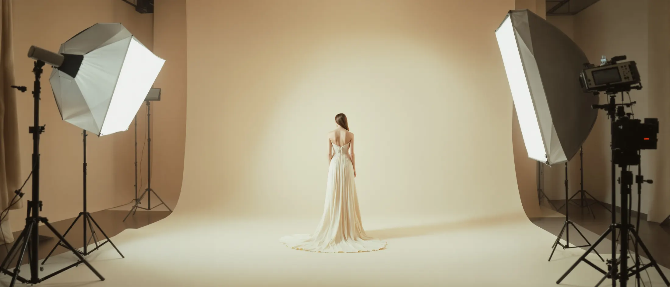 A model in an ivory gown on a cream paper sweep, framed by large softboxes on stands.